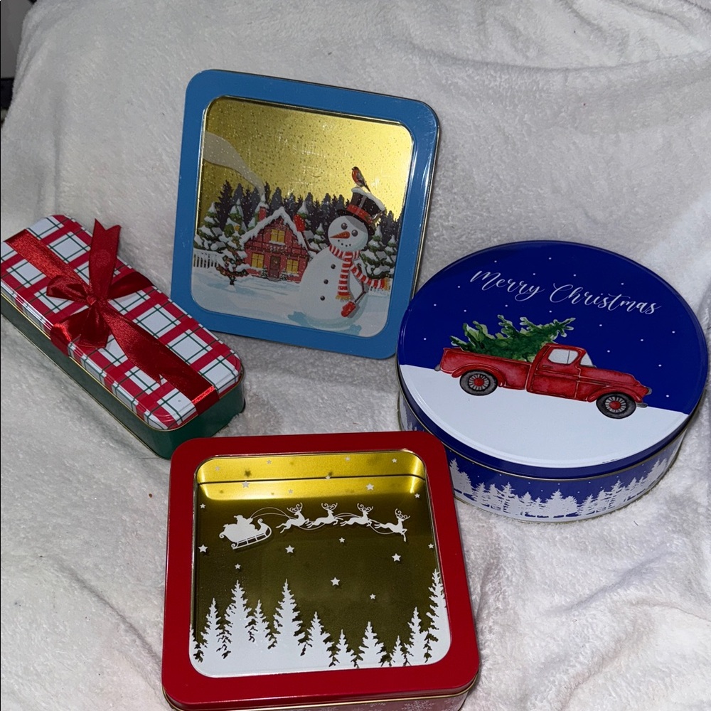 Festive Holiday Tin Set - Snowman, Santa, and Truck Designs